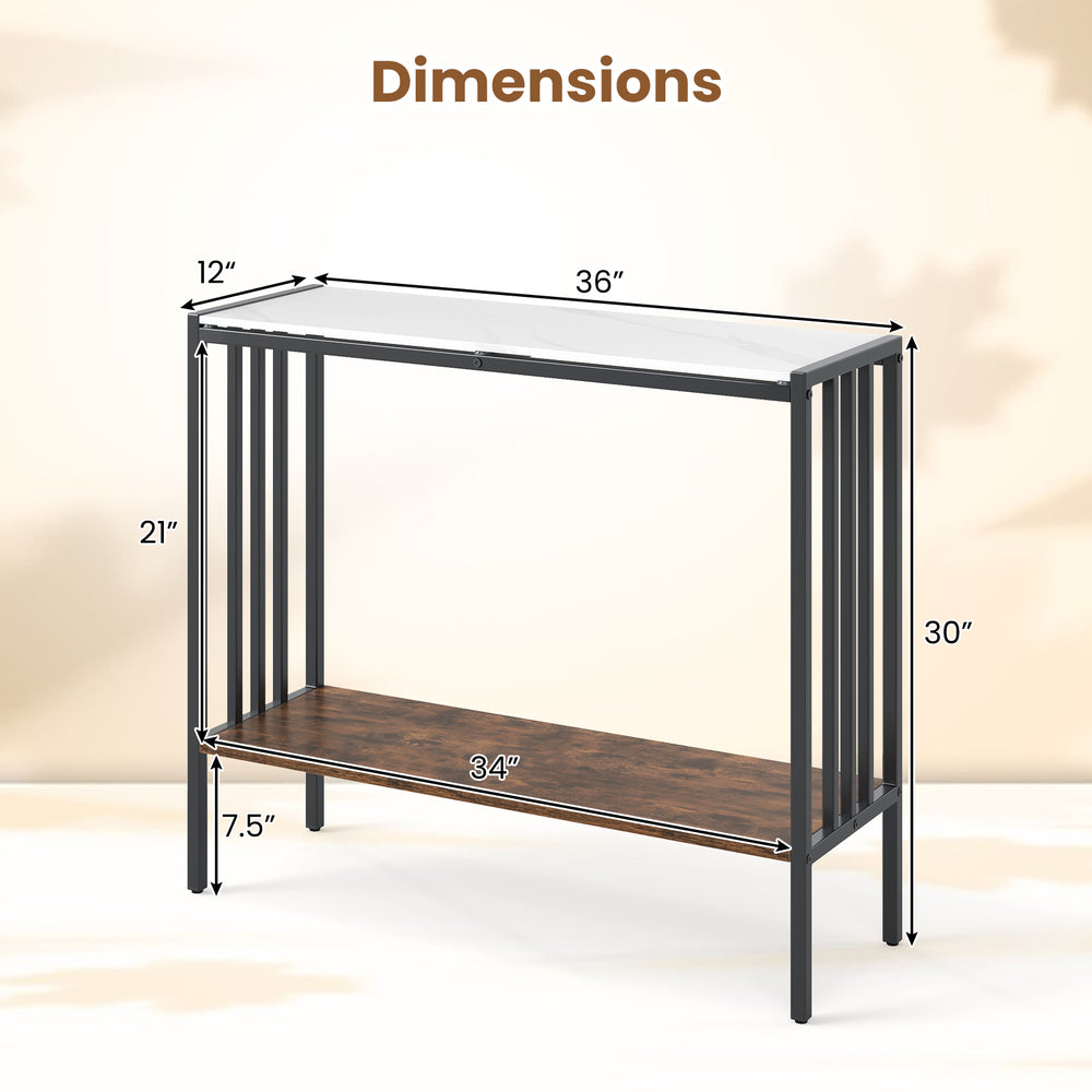 Dimensions of the 36-inch console table with sintered stone top and metal frame, showcasing 2-tier storage design.
