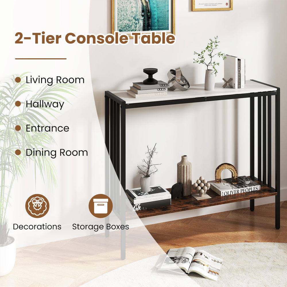 36-inch 2-tier console table with sintered stone tabletop and metal frame, ideal for living room or entryway storage.
