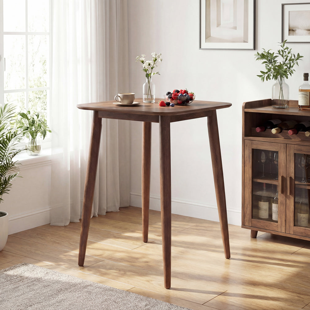 36-inch walnut high top pub table with solid rubber wood legs, perfect for dining rooms or home bars.
