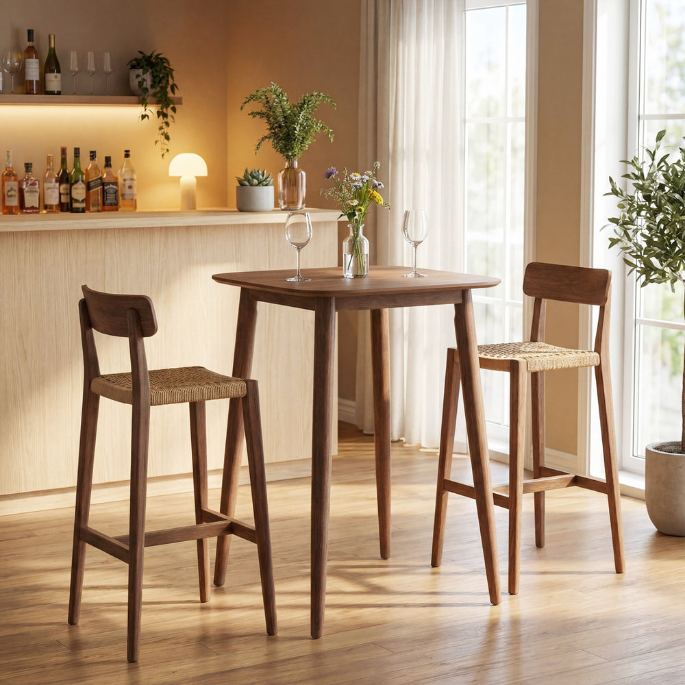 Counter height bar table with solid rubber wood legs in walnut finish, perfect for dining rooms or home bars.