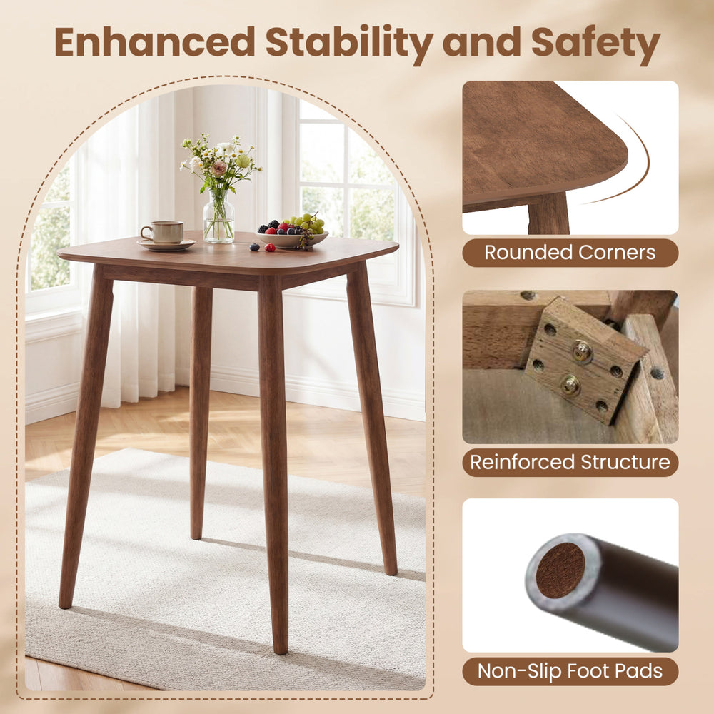 36-inch walnut high top pub table with solid rubberwood legs, rounded corners, and non-slip foot pads for stability.