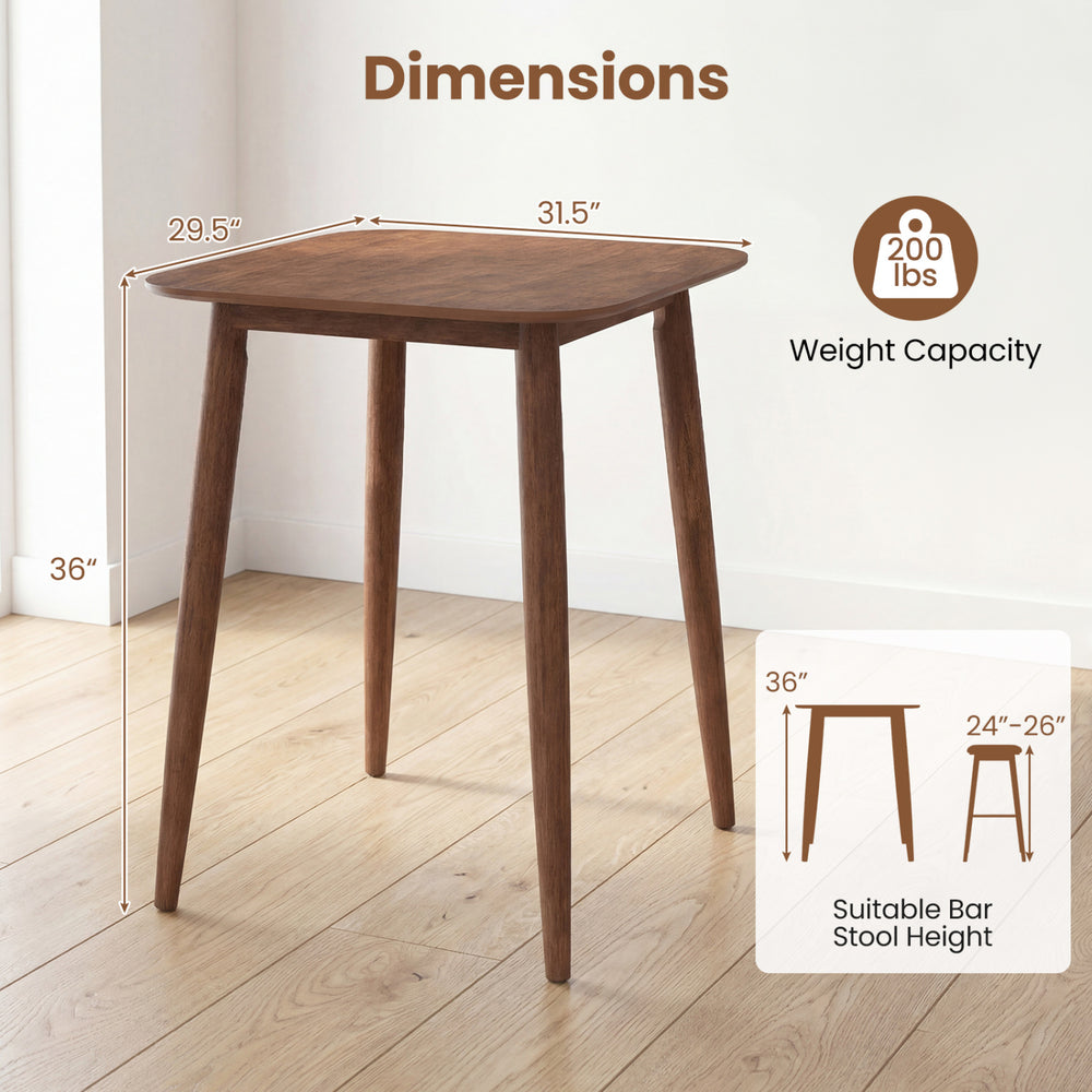36-inch walnut counter height bar table with solid rubberwood legs, suitable for 24"-26" bar stools, ideal for dining.