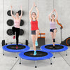 Three women exercising on 36-inch blue mini folding trampolines, showcasing fitness and recreational use.
