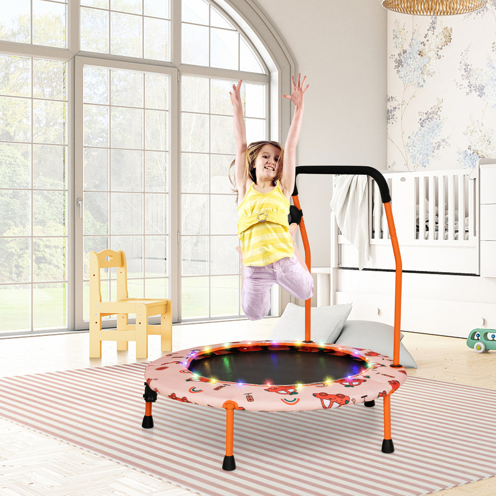 Mini trampoline with colorful LED lights and Bluetooth speaker, featuring a sturdy frame and foam handle for safe.