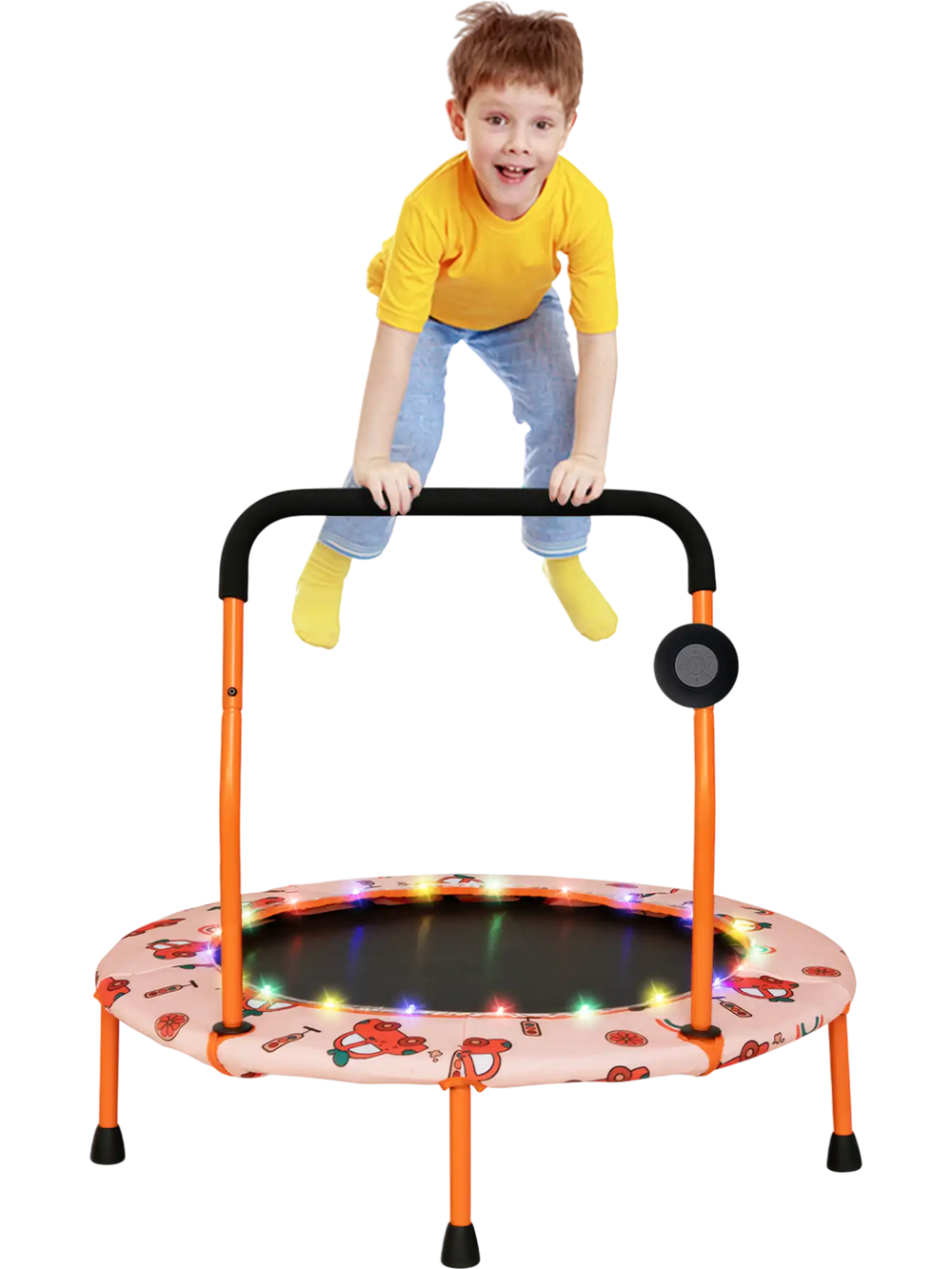 Mini trampoline with colorful LED lights and Bluetooth speaker, featuring a foam handle for safe jumping and stability.