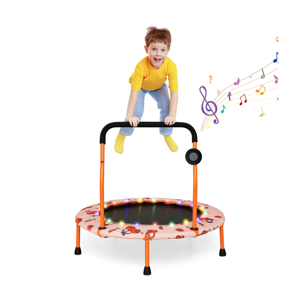 Colorful 36-inch mini trampoline with LED lights and Bluetooth speaker, designed for kids' fun and safe jumping.