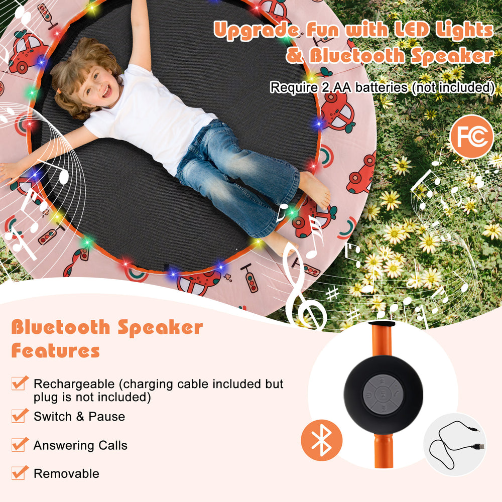 36-inch mini trampoline in orange with colorful LED lights and removable Bluetooth speaker for kids' fun and exercise.