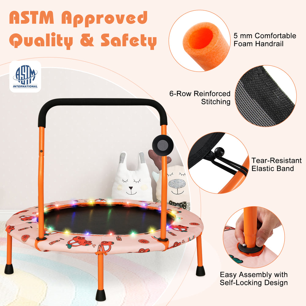 36-inch mini trampoline with colorful LED lights, foam handle, and Bluetooth speaker for safe kids' play and exercise.
