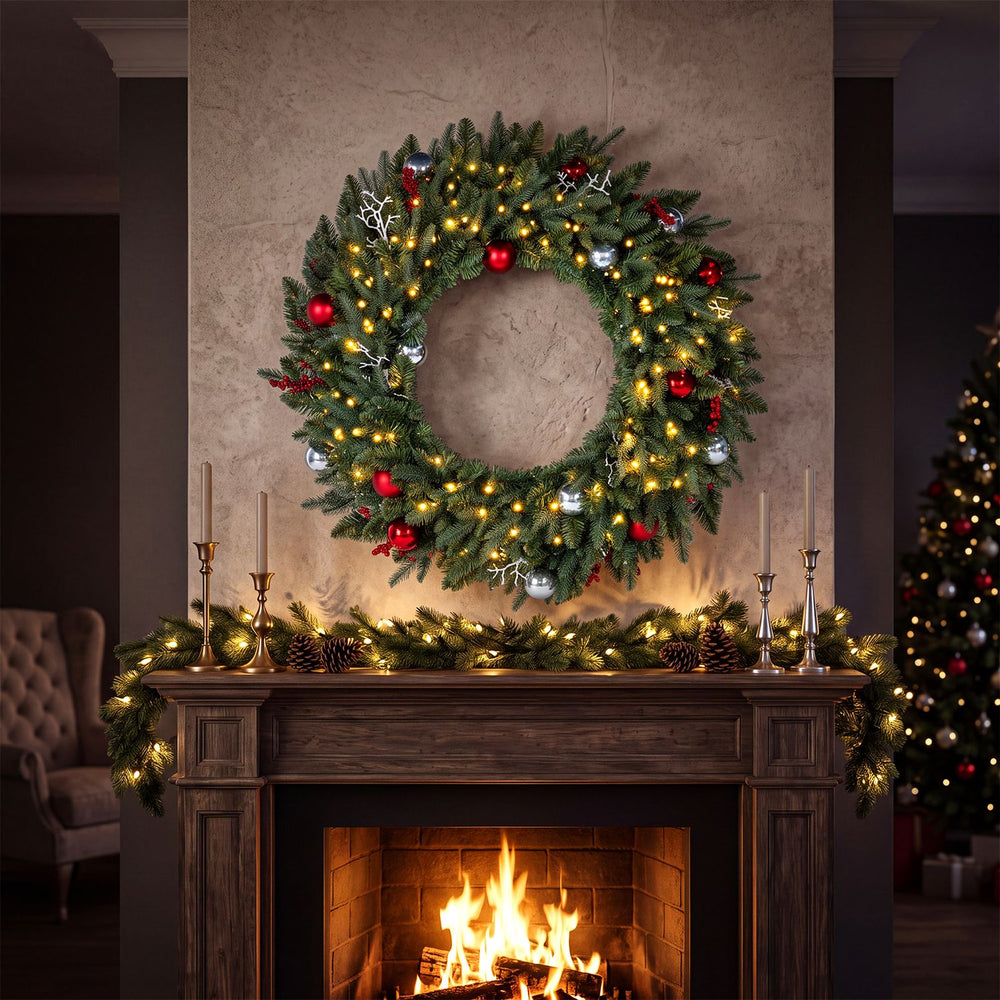 36-inch pre-lit Christmas wreath with red berries and ornaments, featuring 100 warm white LED lights for festive decoration.