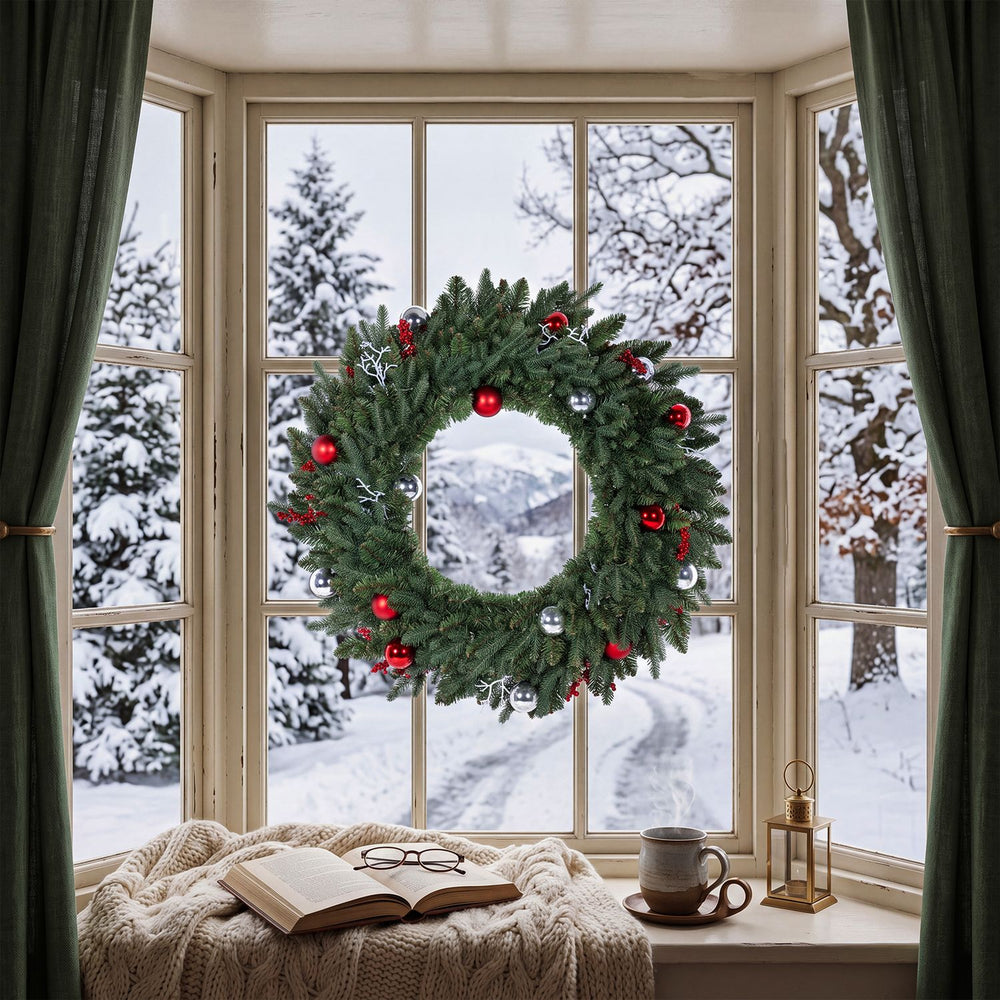 36-inch pre-lit Christmas wreath with red berries and ornaments, perfect for front doors and festive holiday decor.