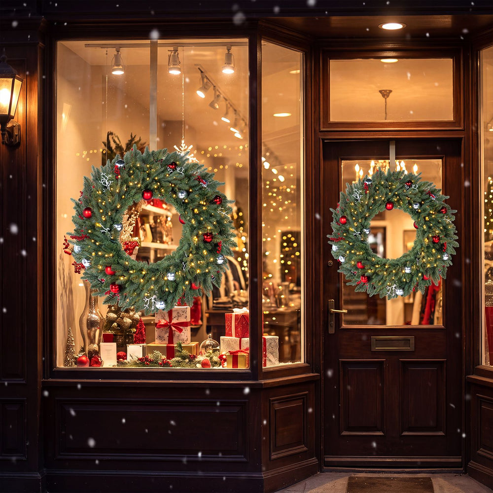 36 Inch Pre-Lit Christmas Wreath for Front Door with 100 Warm White LED Lights Set of 2 - Gallery View 1 of 7