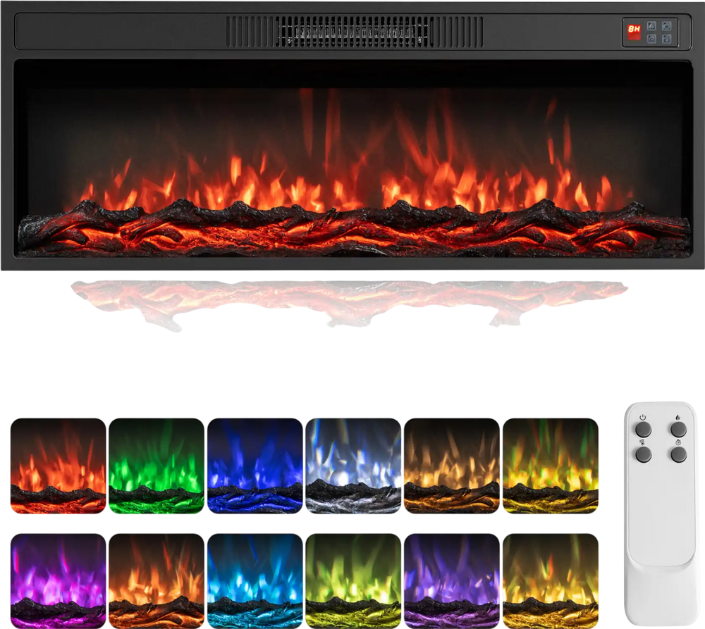 Recessed electric fireplace heater with adjustable flame colors, remote control, and efficient heating for cozy ambiance.