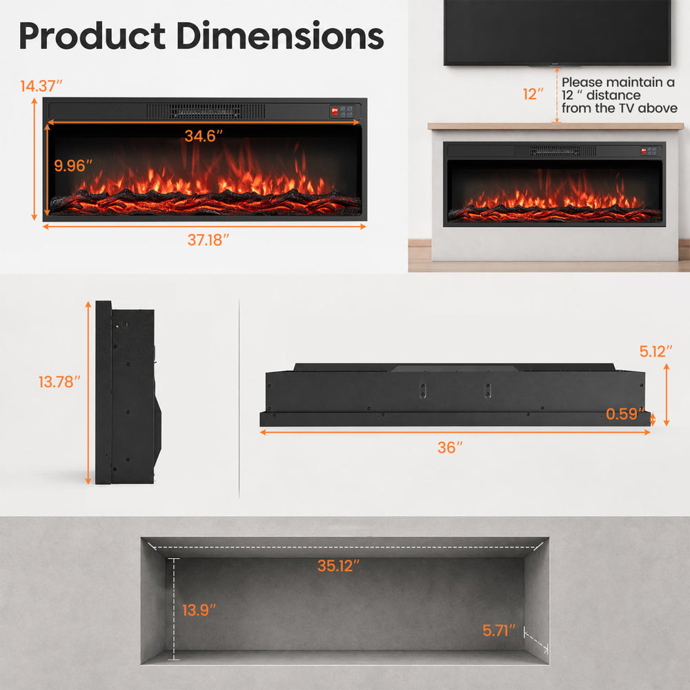 Recessed electric fireplace heater with adjustable flame colors, dimensions 34.6" x 37.8" x 5.12", perfect for cozy ambiance.