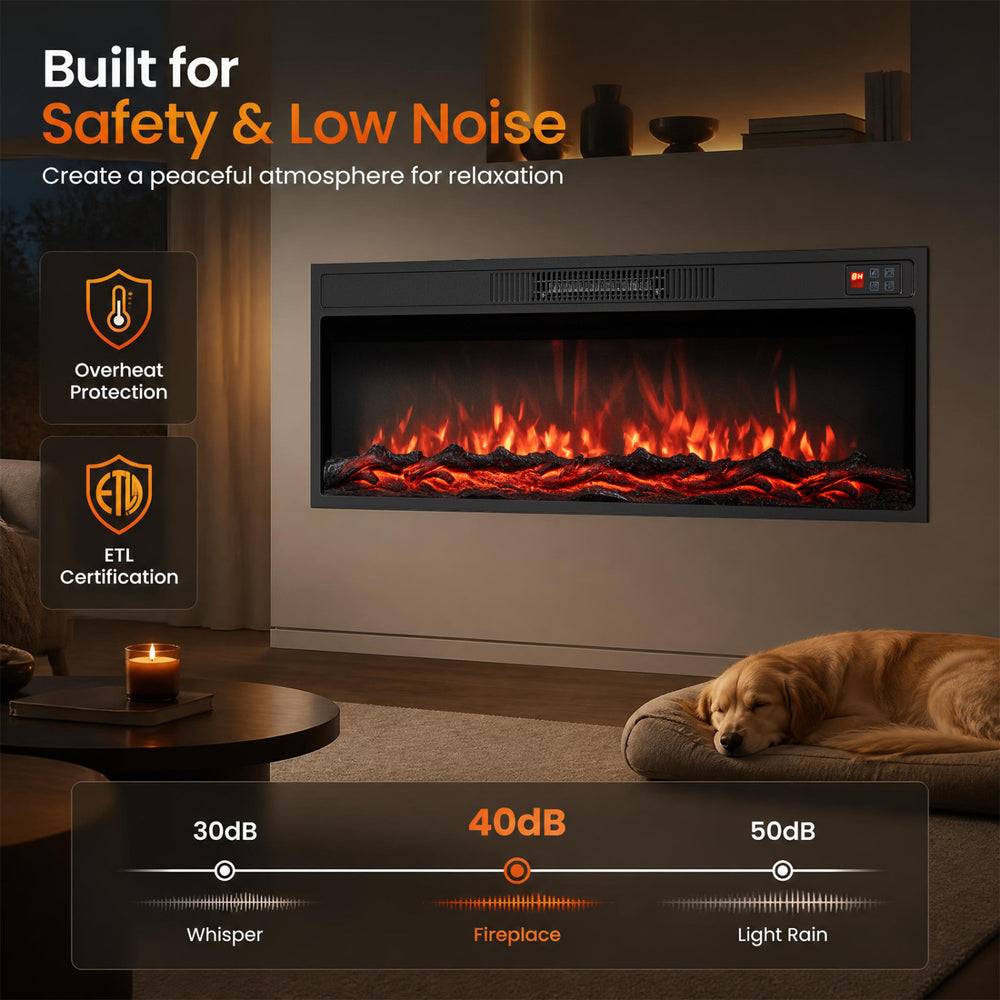 36-inch recessed electric fireplace heater with adjustable flame colors, 750W/1500W heating modes, and low-noise operation.