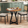 Round dining table with rustic brown wood-grain surface and metal pedestal base, ideal for dining rooms or living areas.