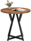 Rustic brown round dining table showcasing an elegant wood-grain surface and adjustable foot pads for stability.
