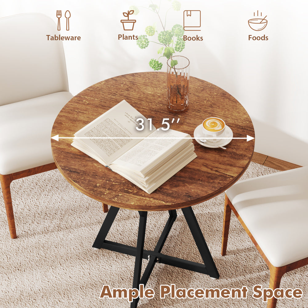 Round dining table with a rustic brown wood-grain surface and sturdy metal pedestal base, ideal for various settings.