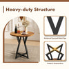 36-inch round dining table with rustic brown wood-grain surface and sturdy X-shaped metal base for versatile settings.