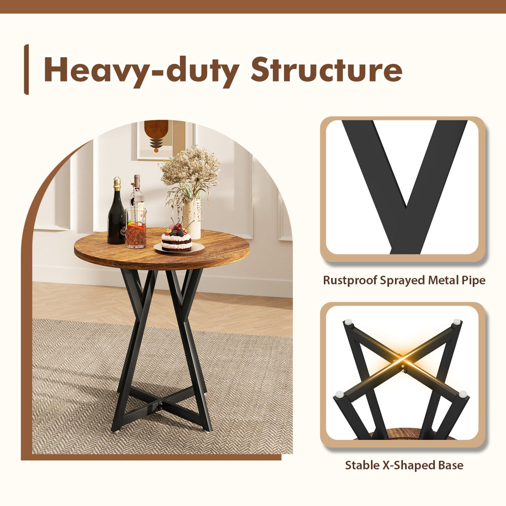 36-inch round dining table with rustic brown wood-grain surface and sturdy X-shaped metal base for versatile settings.