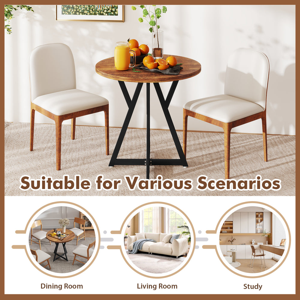 36-inch round dining table with rustic brown wood-grain surface and sturdy metal pedestal base, ideal for various.