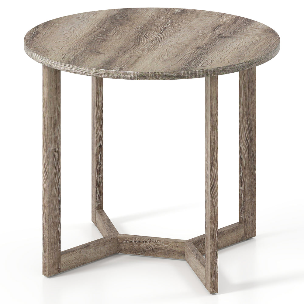 Round 36-inch wood dining table with a grey finish and wing-shaped pedestal base, ideal for cafes or kitchens.