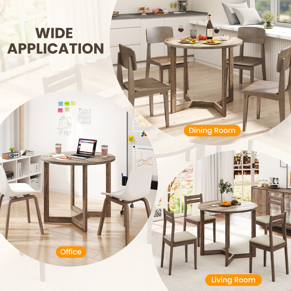 36-inch round wood dining table with a wing-shaped pedestal base, suitable for dining rooms, offices, and cafes.