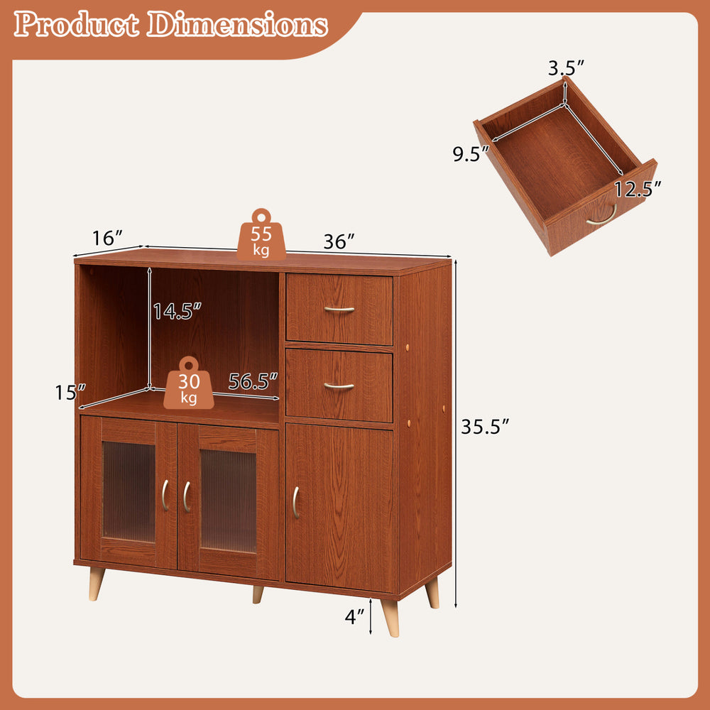 36-inch brown sideboard buffet cabinet with open compartment, pull-out drawers, and transparent door panels for.