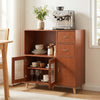 Brown 36-inch sideboard buffet cabinet with open compartment, drawers, and transparent door panels for elegant storage.