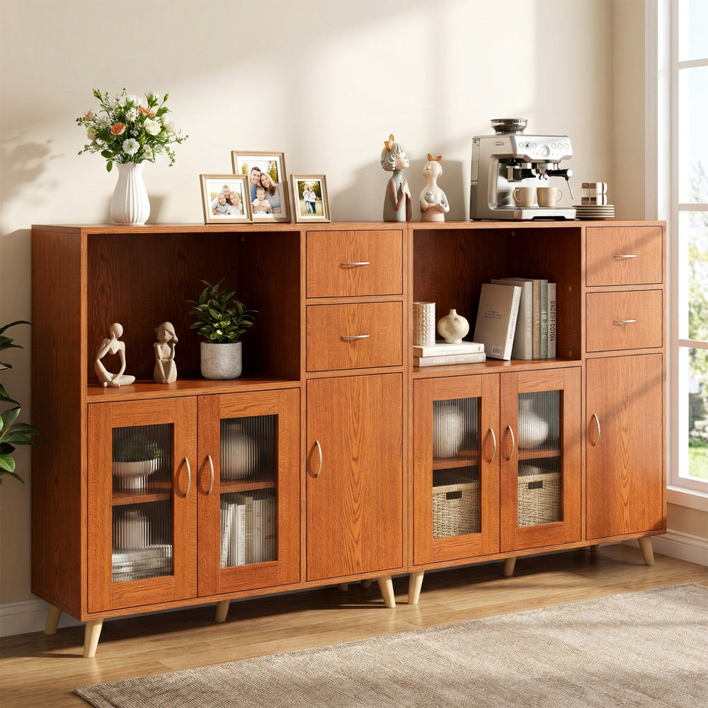 Brown 36-inch sideboard buffet cabinet with open compartment, pull-out drawers, and transparent door panels for elegant.