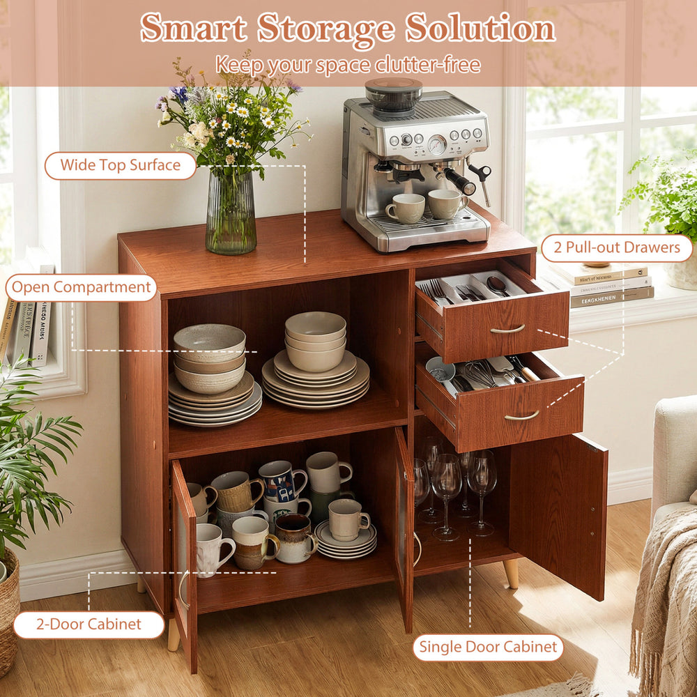 36-inch brown sideboard buffet cabinet featuring a wide top surface and two-door cabinet for versatile kitchen storage.
