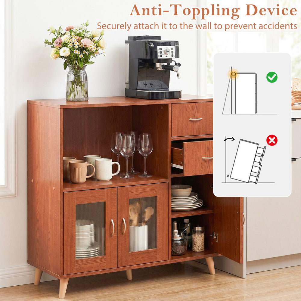 36-inch brown sideboard buffet cabinet with open compartment, anti-toppling device, and transparent door panels for.