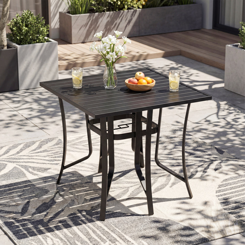 36-inch square black metal patio table for 4 with slatted top and umbrella hole, ideal for outdoor dining.