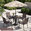 36-inch square metal dining table for 4 with umbrella hole, featuring a slatted tabletop, ideal for patio or garden use.