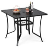 36-inch square black metal patio table with umbrella hole, designed for 4 people, ideal for outdoor dining.