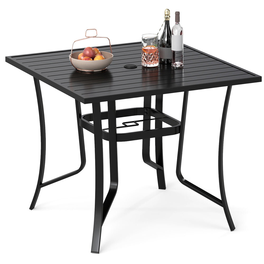 36-inch square black metal patio table with umbrella hole, designed for 4 people, ideal for outdoor dining.