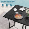 36-inch square black metal patio table with slatted tabletop, umbrella hole, and modern curved legs for outdoor dining.