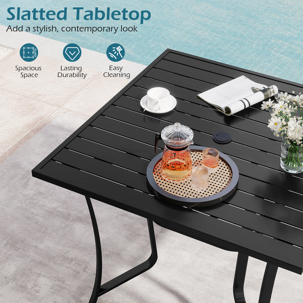 36-inch square black metal patio table with slatted tabletop, umbrella hole, and modern curved legs for outdoor dining.