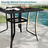 36-inch square black patio table with sturdy metal construction, slatted top, and umbrella hole, perfect for outdoor.