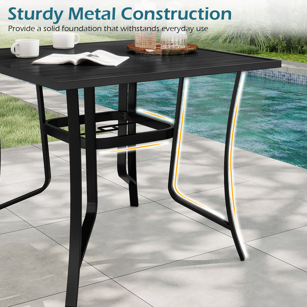 36-inch square black patio table with sturdy metal construction, slatted top, and umbrella hole, perfect for outdoor.