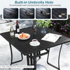 36-inch square black metal patio table with built-in umbrella hole, suitable for 4 people, ideal for outdoor dining.