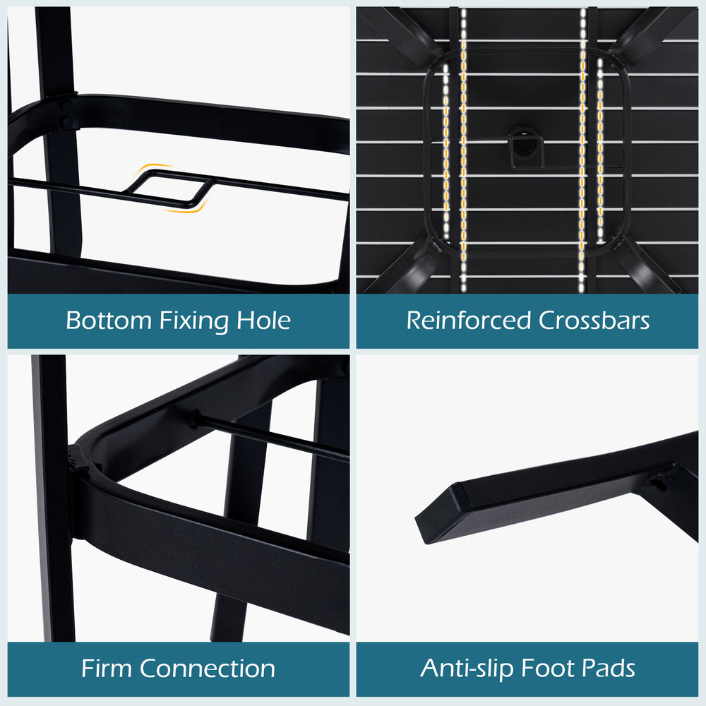 Close-up of the 36-inch black metal patio table features reinforced crossbars and anti-slip foot pads for stability.