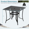 36-inch square black metal patio table with umbrella hole, designed for 4 people, featuring a slatted tabletop and.