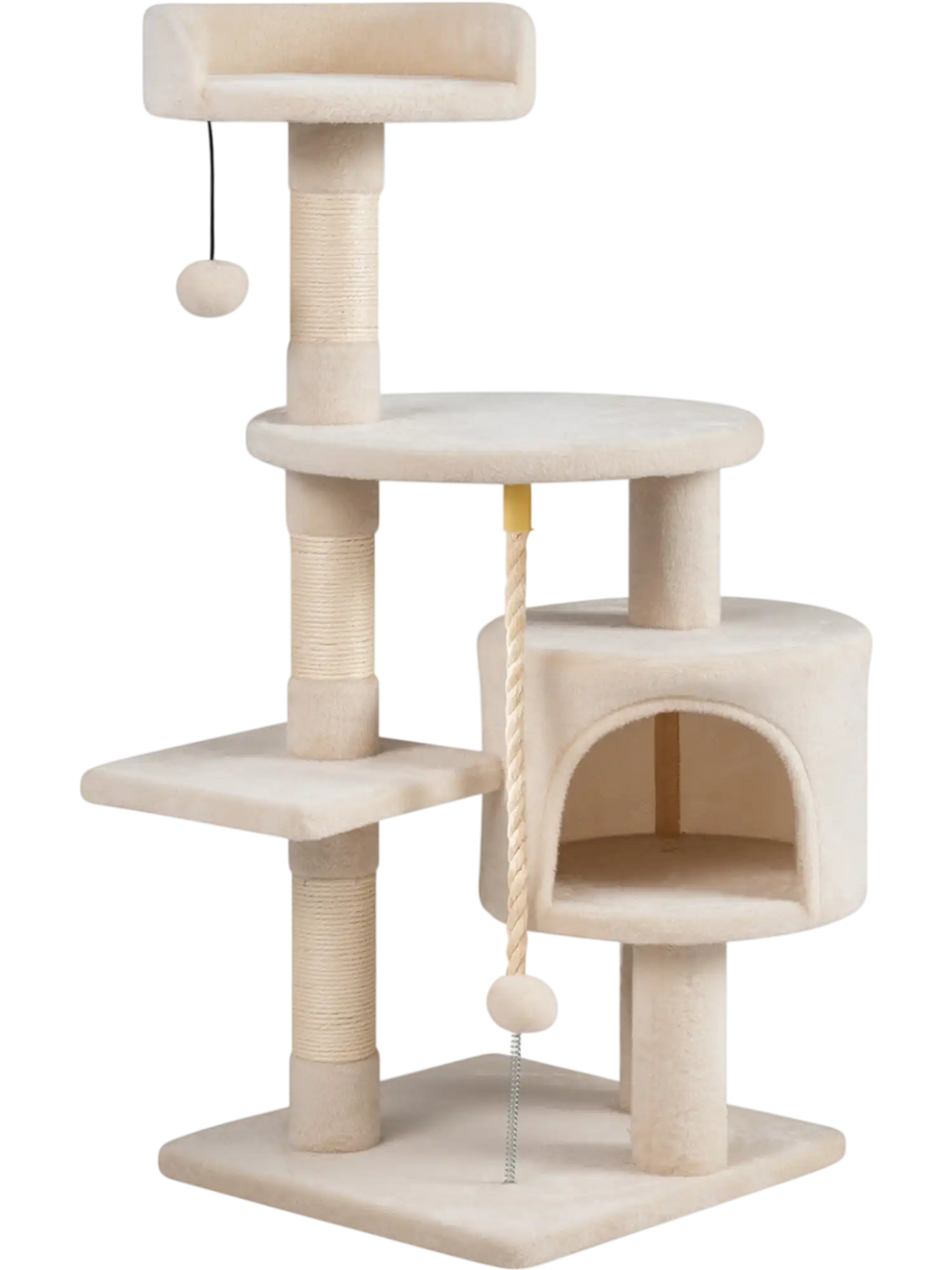 36-inch tall kitten tower in beige with a plush perch, condo, scratching posts, and interactive toys for playful cats.