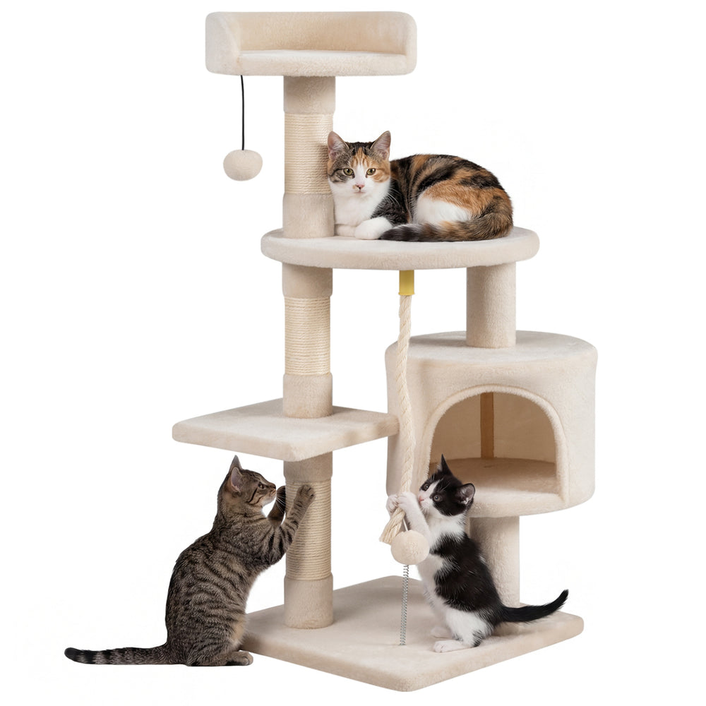 36-inch tall kitten tower in beige featuring a plush perch, condo, and scratching posts for climbing and lounging.