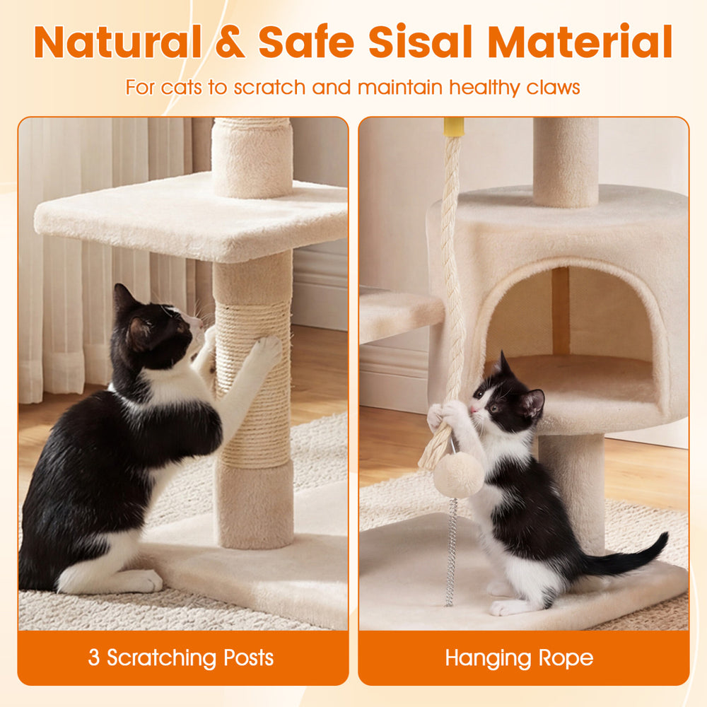 36-inch tall kitten tower in beige featuring three sisal scratching posts and a hanging rope for playful activities.