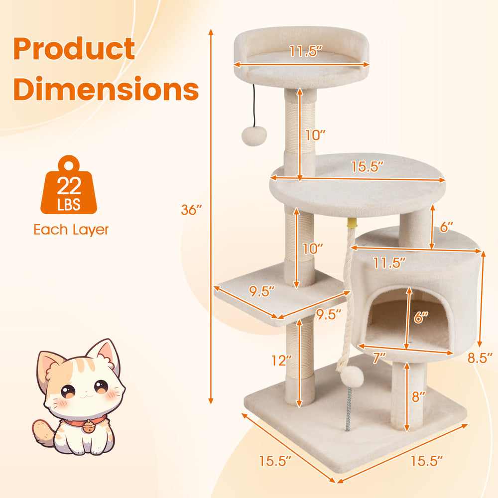 36-inch tall kitten tower in beige with condo, plush perch, and scratching posts for climbing and lounging fun.
