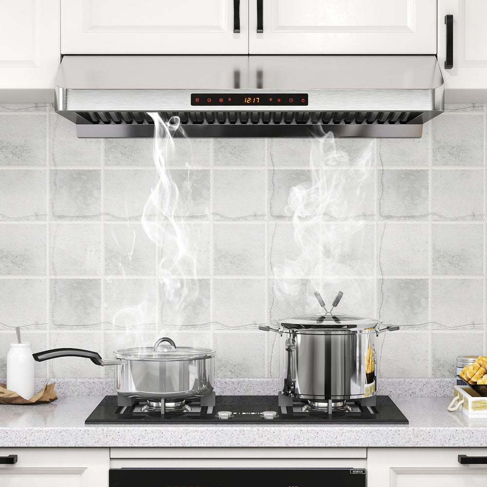 36-inch under cabinet range hood with dual motors, 900 CFM airflow, and detachable oil collector for efficient kitchen.