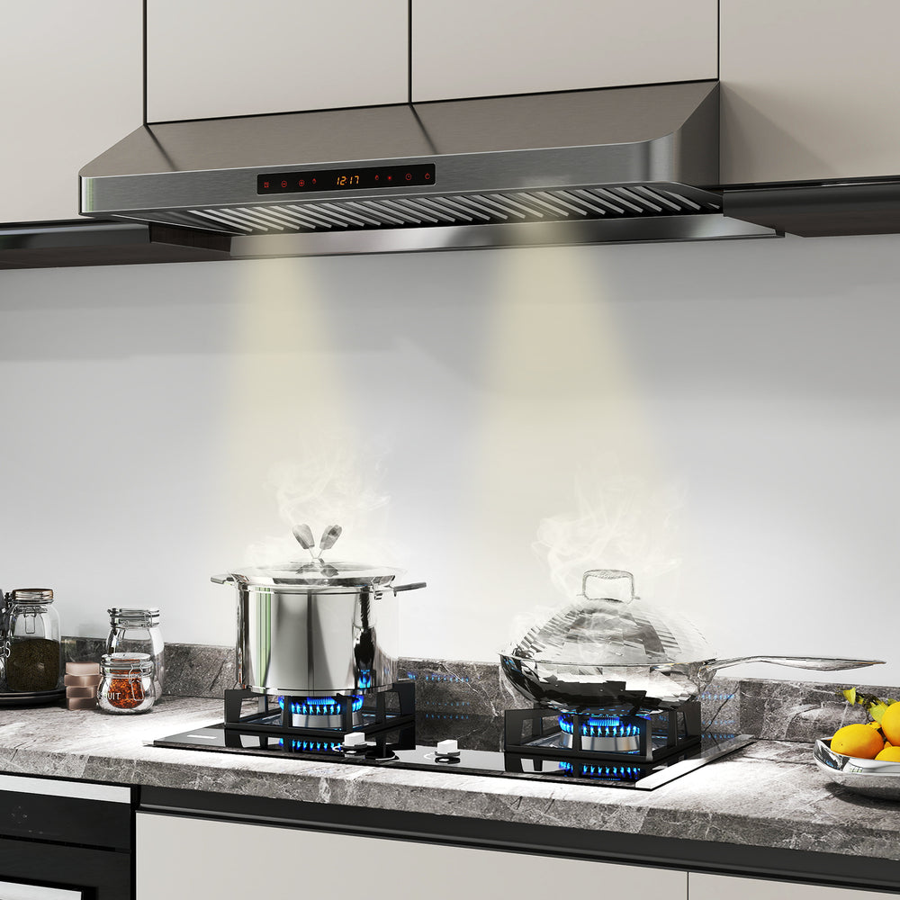36-inch under cabinet range hood in silver with adjustable fan speed and gesture control for customizable kitchen.