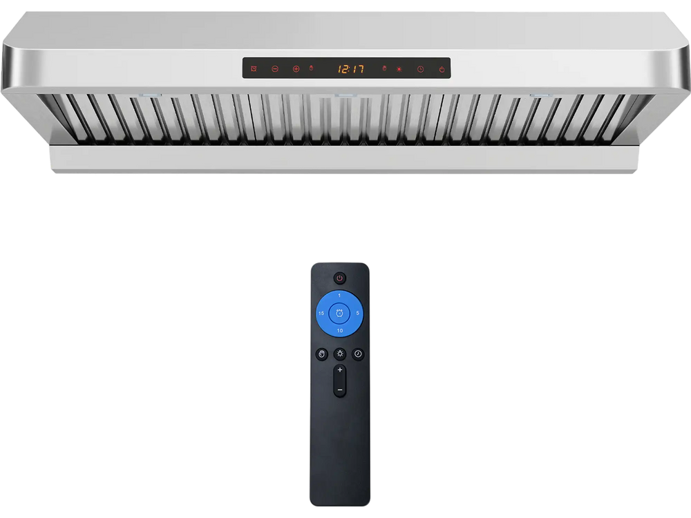 36-inch silver under cabinet range hood with remote control, 900 CFM airflow, and detachable oil collector for easy.