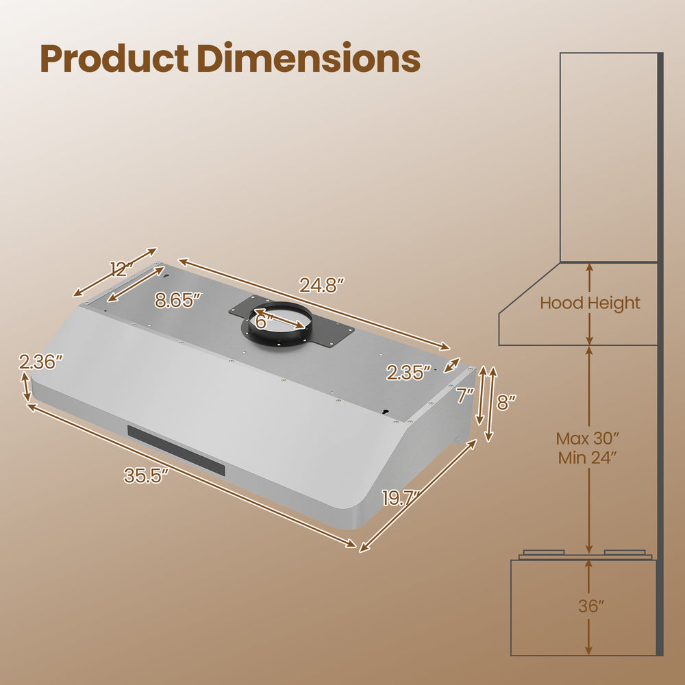 Dimensions of the 36 Inch Under Cabinet Range Hood with 900 CFM airflow, featuring adjustable fan speeds and oil.